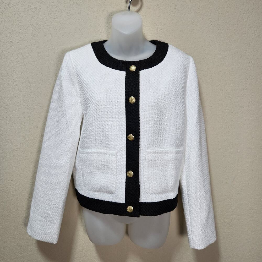 J.Crew Tweed Lady Jacket Womens 12 Black White Preppy Blazer Gold Crested Button - Picture 4 of 16